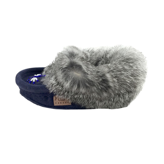 Junior Soft Sole Navy Suede Rabbit Fur Moccasins (Final Clearance - Child Size 12 ONLY)