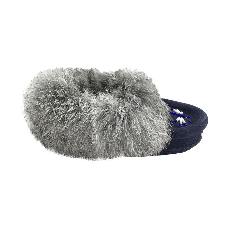 Junior Soft Sole Navy Suede Rabbit Fur Moccasins (Final Clearance - Child Size 12 ONLY)