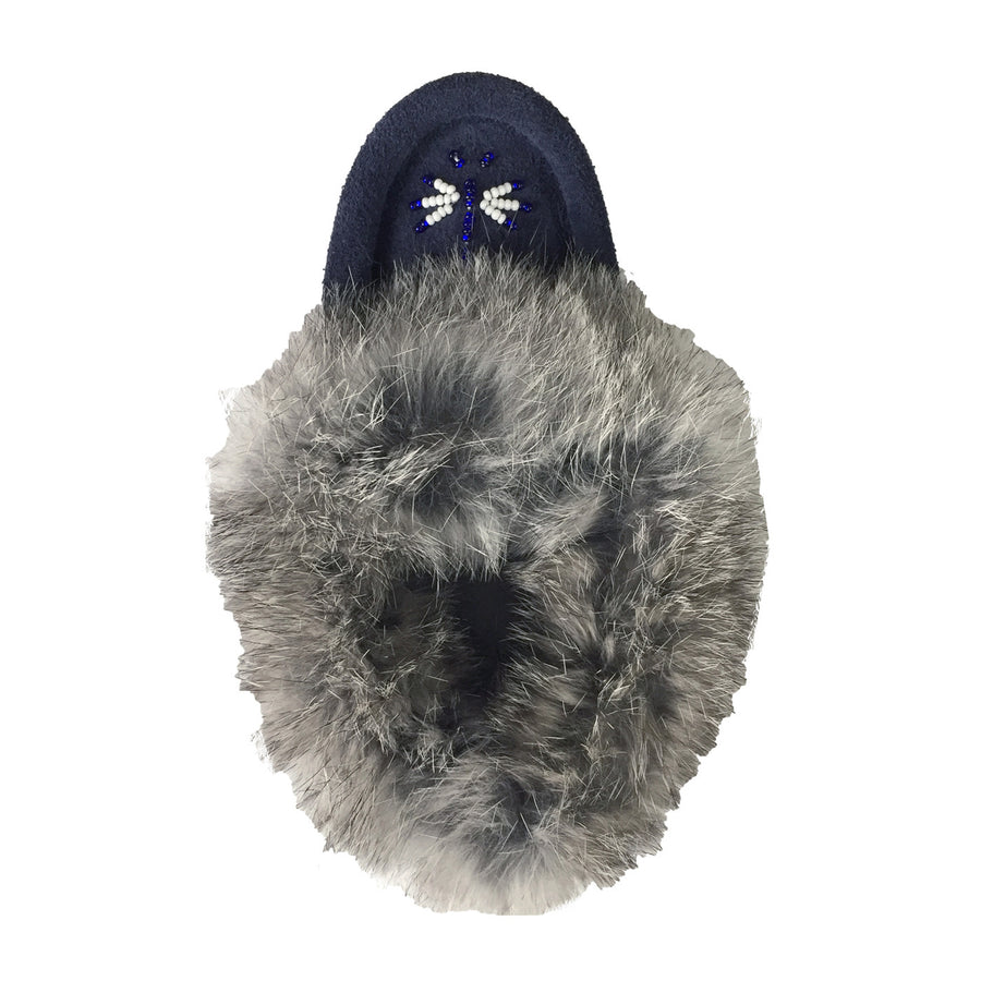 Junior Soft Sole Navy Suede Rabbit Fur Moccasins (Final Clearance - Child Size 12 ONLY)