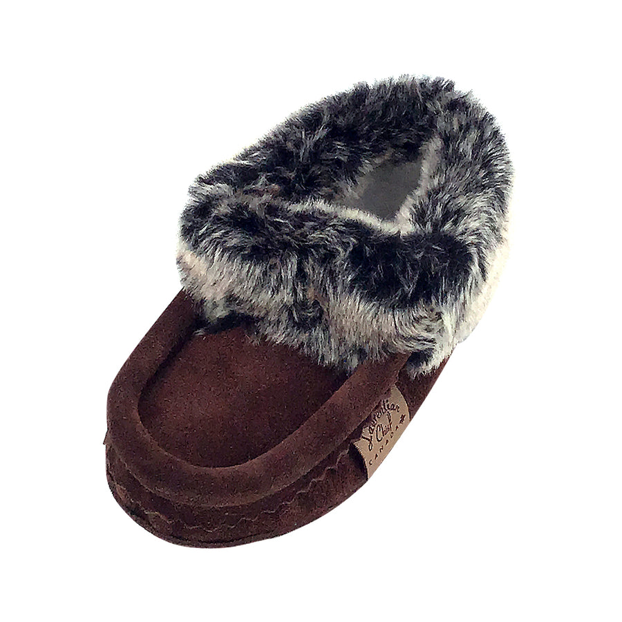 Children's Faux Fur Trim Brown Suede Moccasins (Final Clearance)