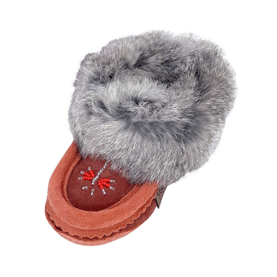 Baby and Child Two-Tone Suede Fleece Lined Beaded Rabbit Fur Moccasins (Final Clearance)