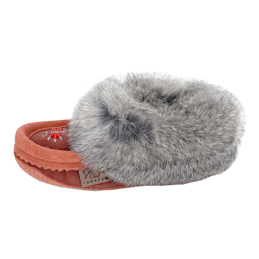 Baby and Child Two-Tone Suede Fleece Lined Beaded Rabbit Fur Moccasins (Final Clearance)