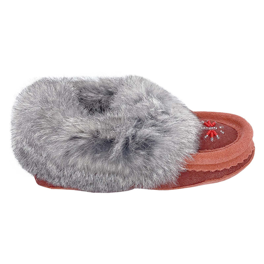 Baby and Child Two-Tone Suede Fleece Lined Beaded Rabbit Fur Moccasins (Final Clearance)