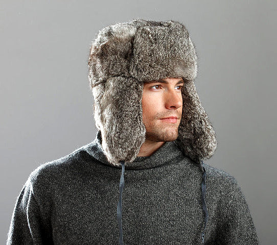 Crown Cap Luxurious Grey Real Rabbit Fur Aviator Hat for Men