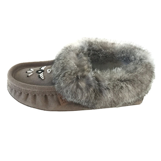 Women's Fleece Lined Rabbit Fur Gray Suede Moccasins