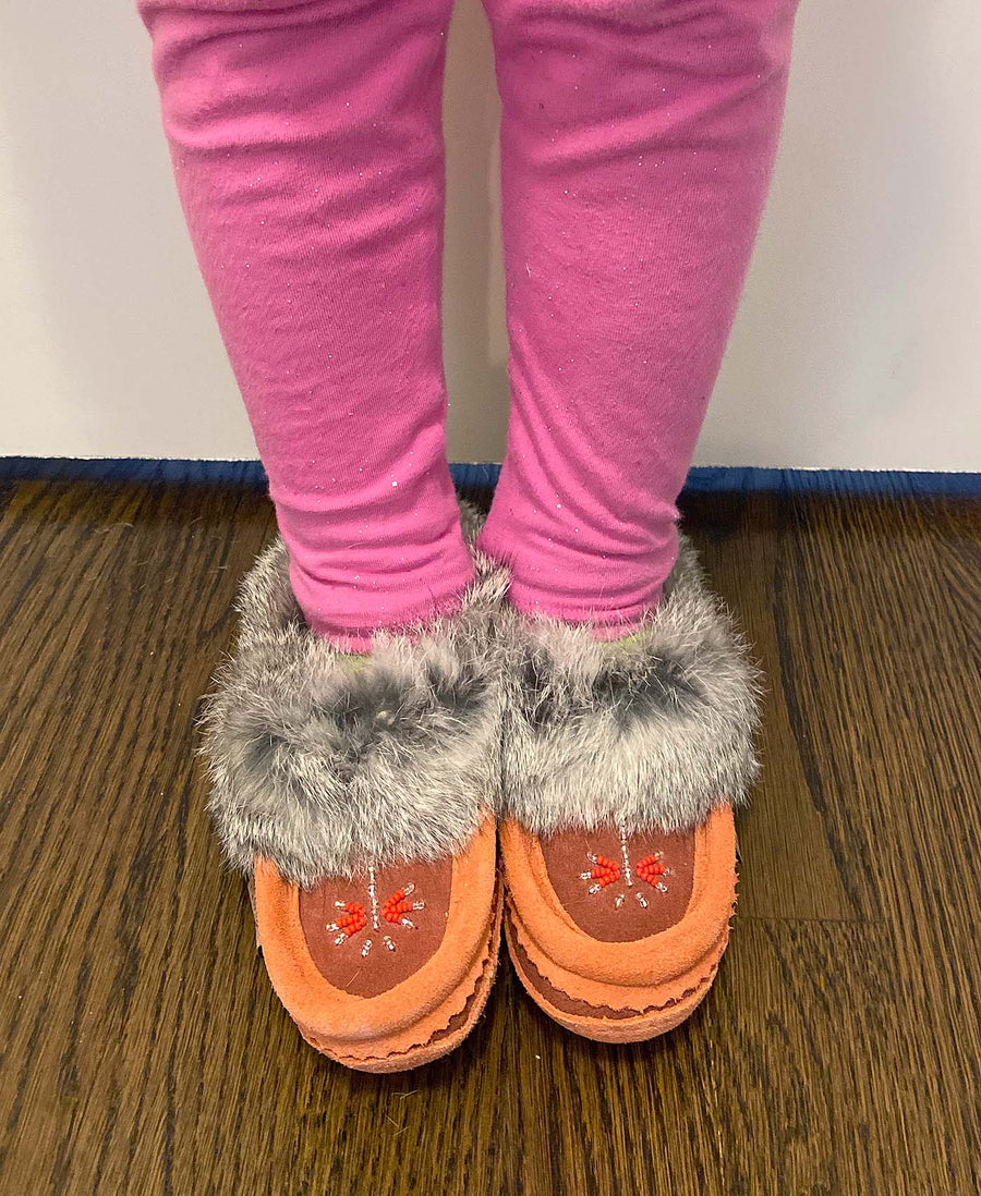 Baby and Child Two-Tone Suede Fleece Lined Beaded Rabbit Fur Moccasins (Final Clearance)
