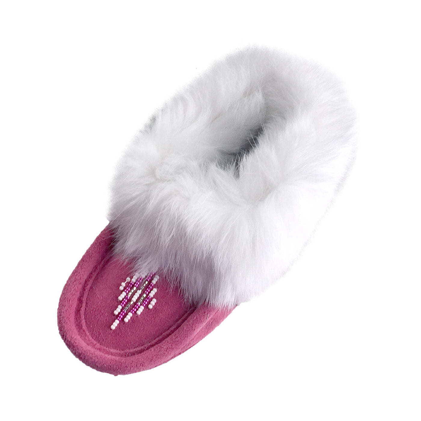 Junior Pink Suede Leather Beaded Rabbit Fur Trim Moccasin Slippers ...