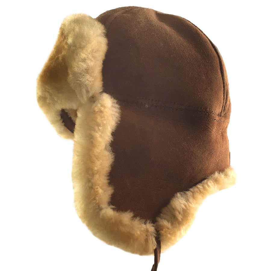 Real Sheepskin Lined Mountie Trapper Hat with Genuine Suede Exterior Black / M