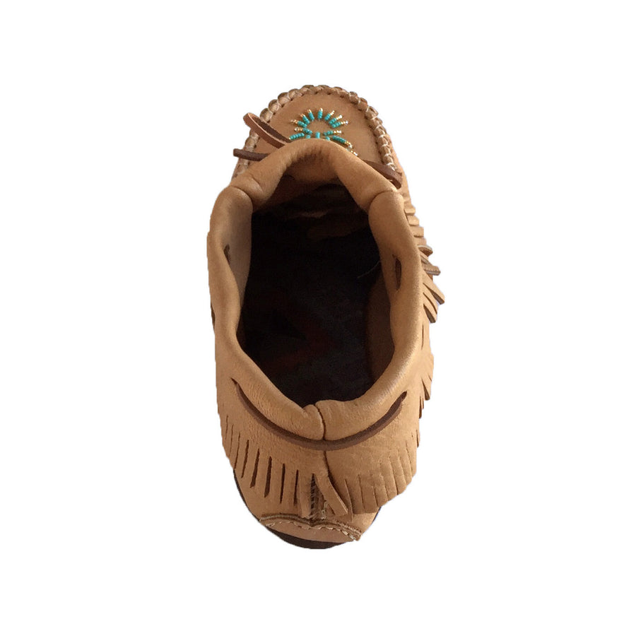 Women's Rubber Sole Moosehide Leather Fringed Ankle Moccasin Shoes