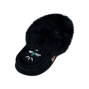 Women's Fleece Lined Rabbit Fur Black Suede Moccasins