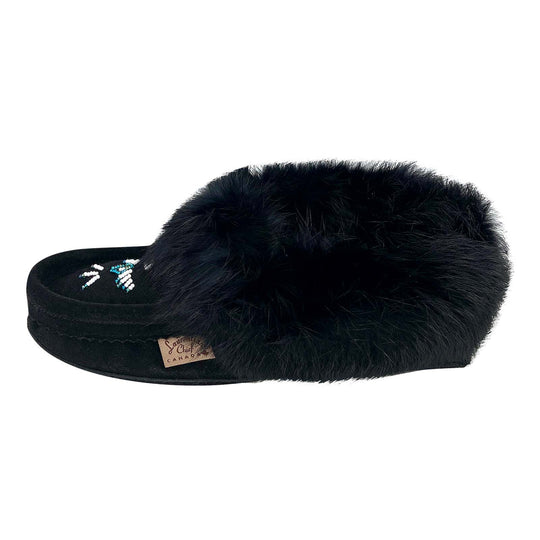 Women's Fleece Lined Rabbit Fur Black Suede Moccasins