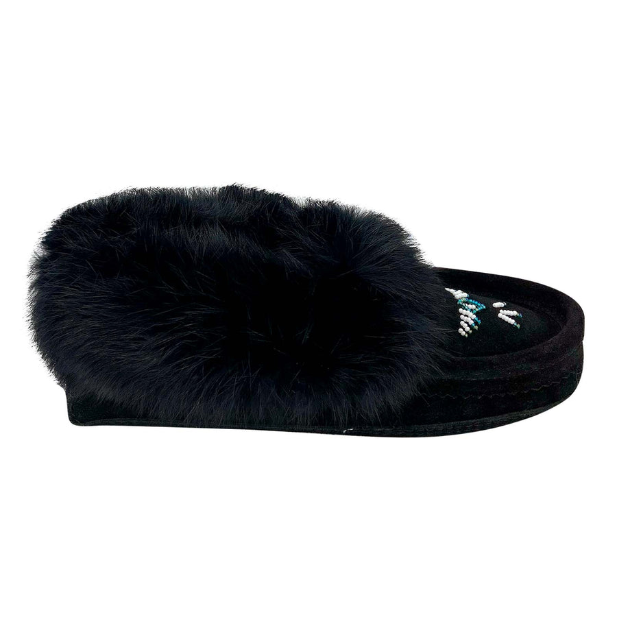 Women's Fleece Lined Rabbit Fur Black Suede Moccasins