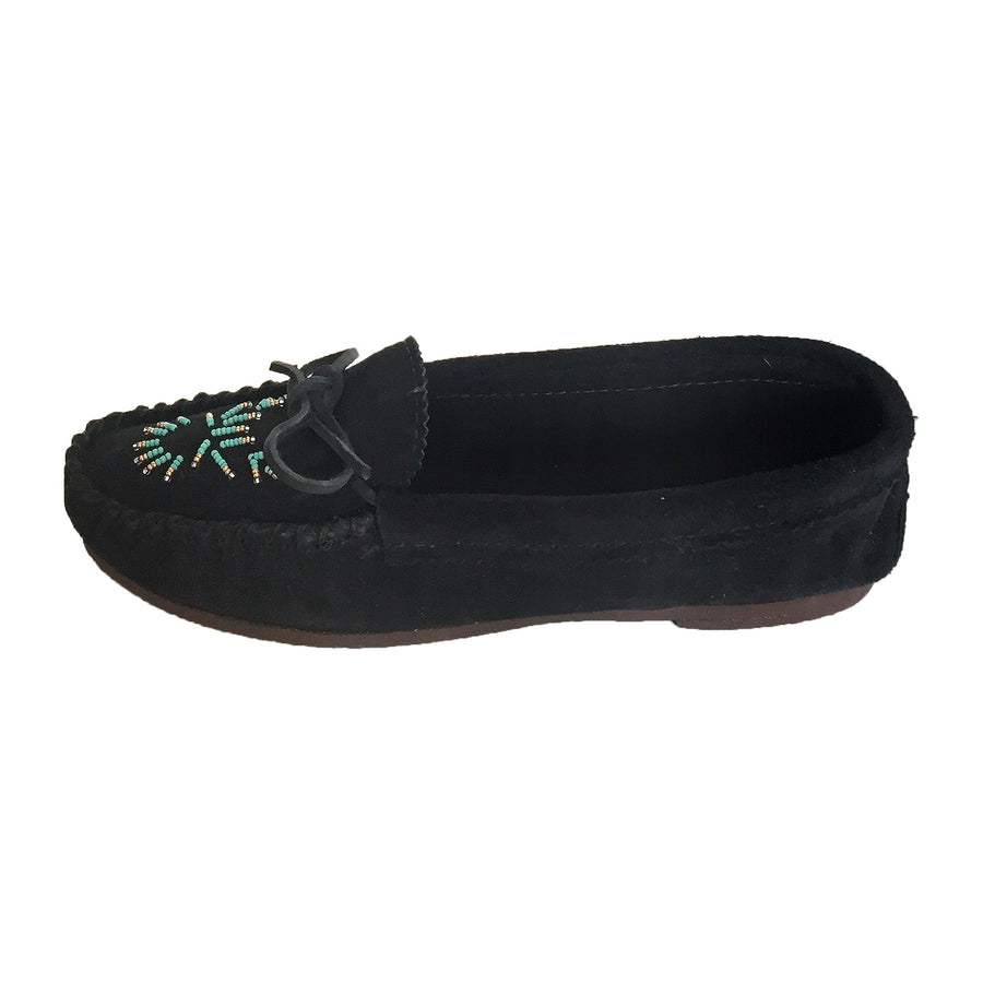 Women's Rubber Sole Black Beaded Moccasins