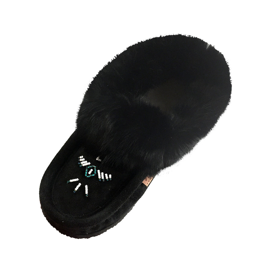 Women's Fleece Lined Rabbit Fur Rubber Sole Suede Moccasins