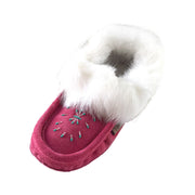 Women's Fleece Lined Rabbit Fur Fuchsia Suede Moccasins