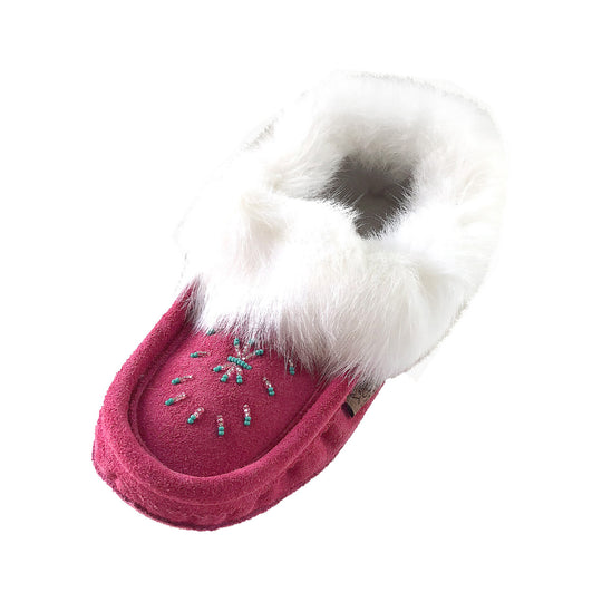 Women's Fleece Lined Fuchia Pink Suede Moccasins with Real Rabbit Fur ...