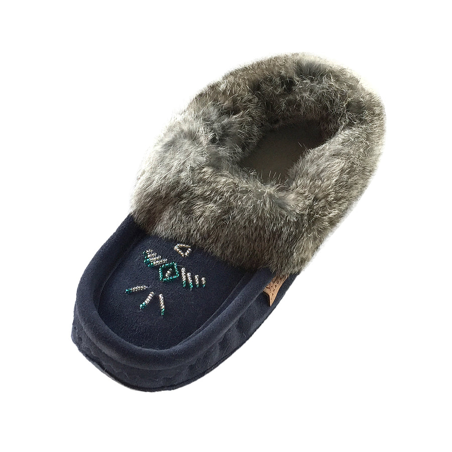 Women's Rabbit Fur Thunderbird Beaded Navy Moccasins