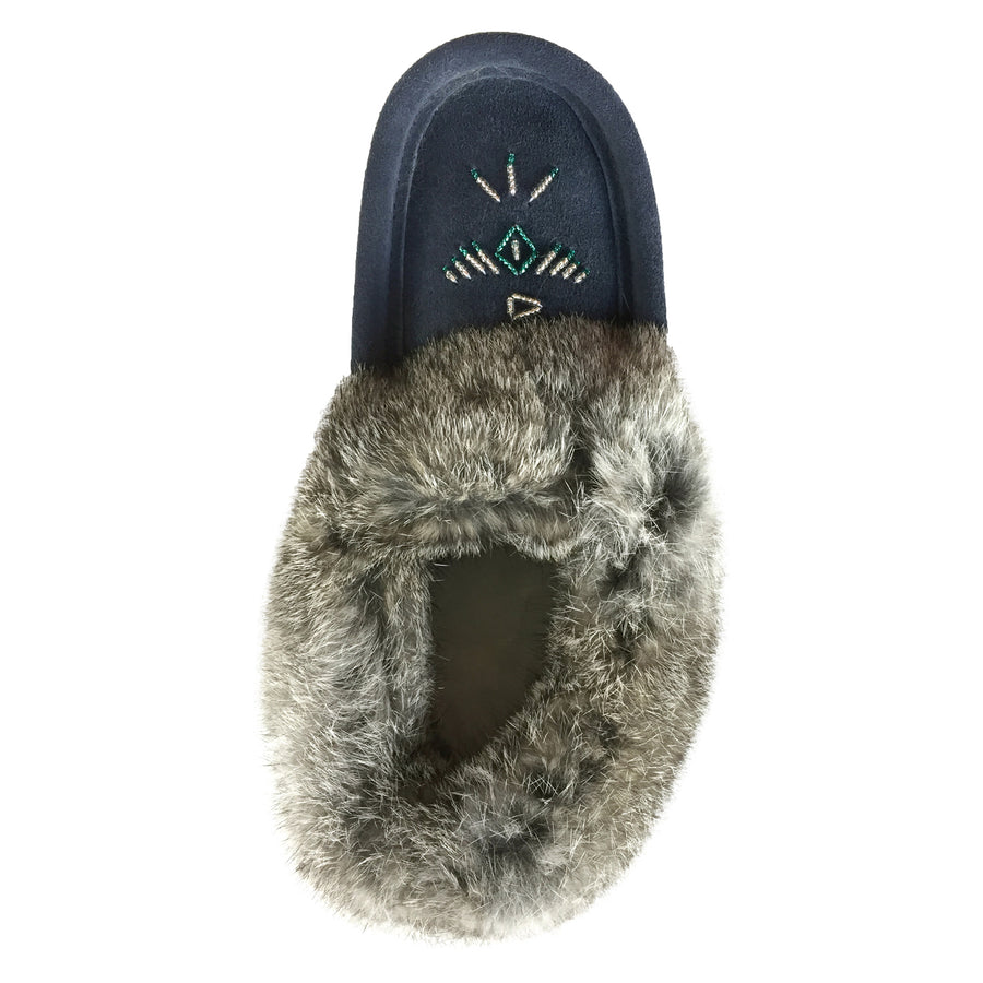 Women s Rabbit Fur Thunderbird Beaded Navy Moccasins