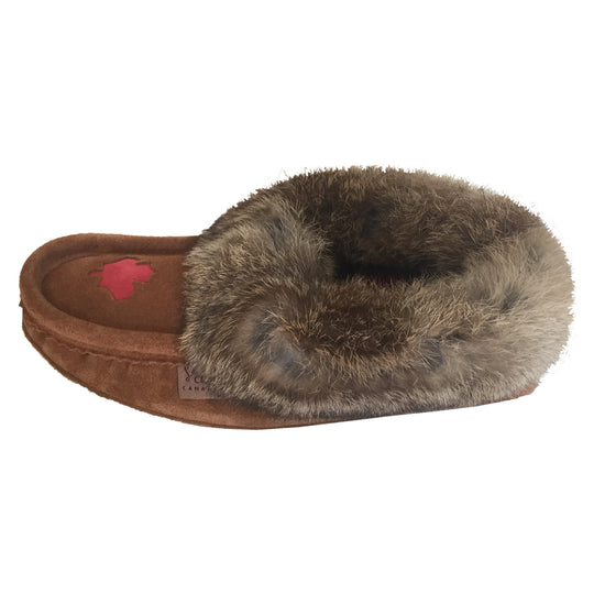 Women's Fleece Lined Brown Suede Maple Leaf Rabbit Fur Moccasins