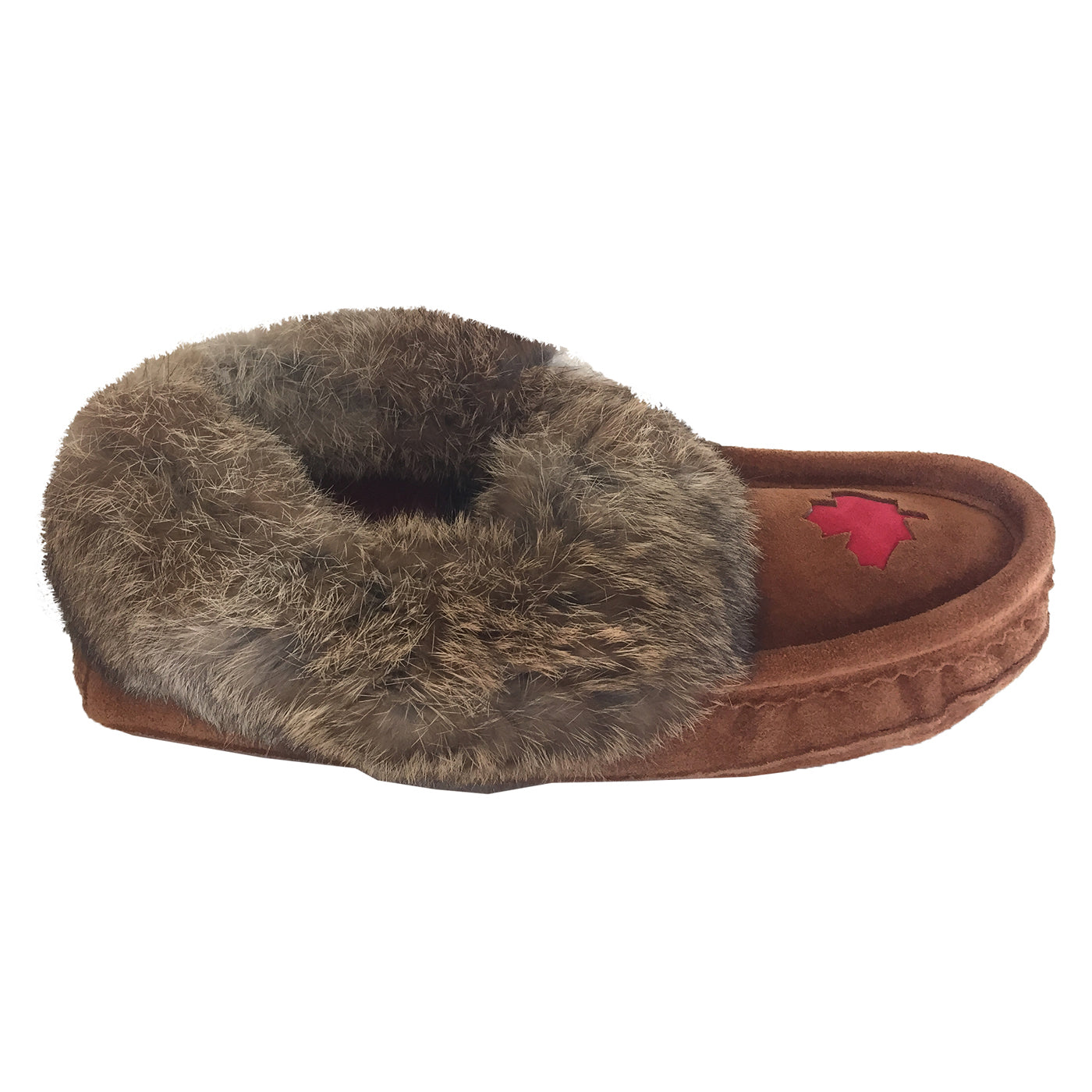 Women's Canadian Maple Leather Moccasin Slippers with Rabbit Fur Trim ...