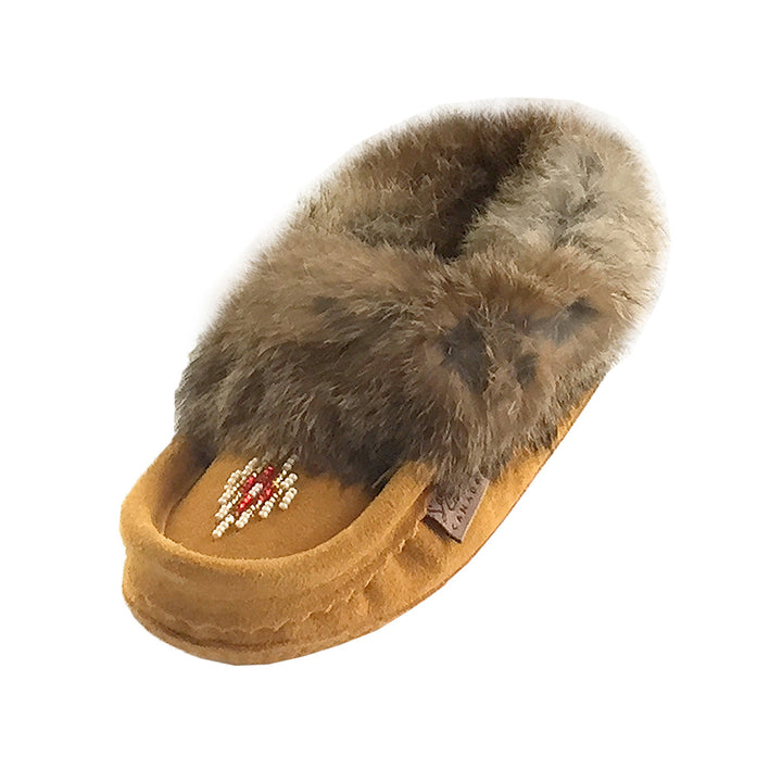 Junior Genuine Suede Leather Beaded Rabbit Fur Trim Moccasin Slippers