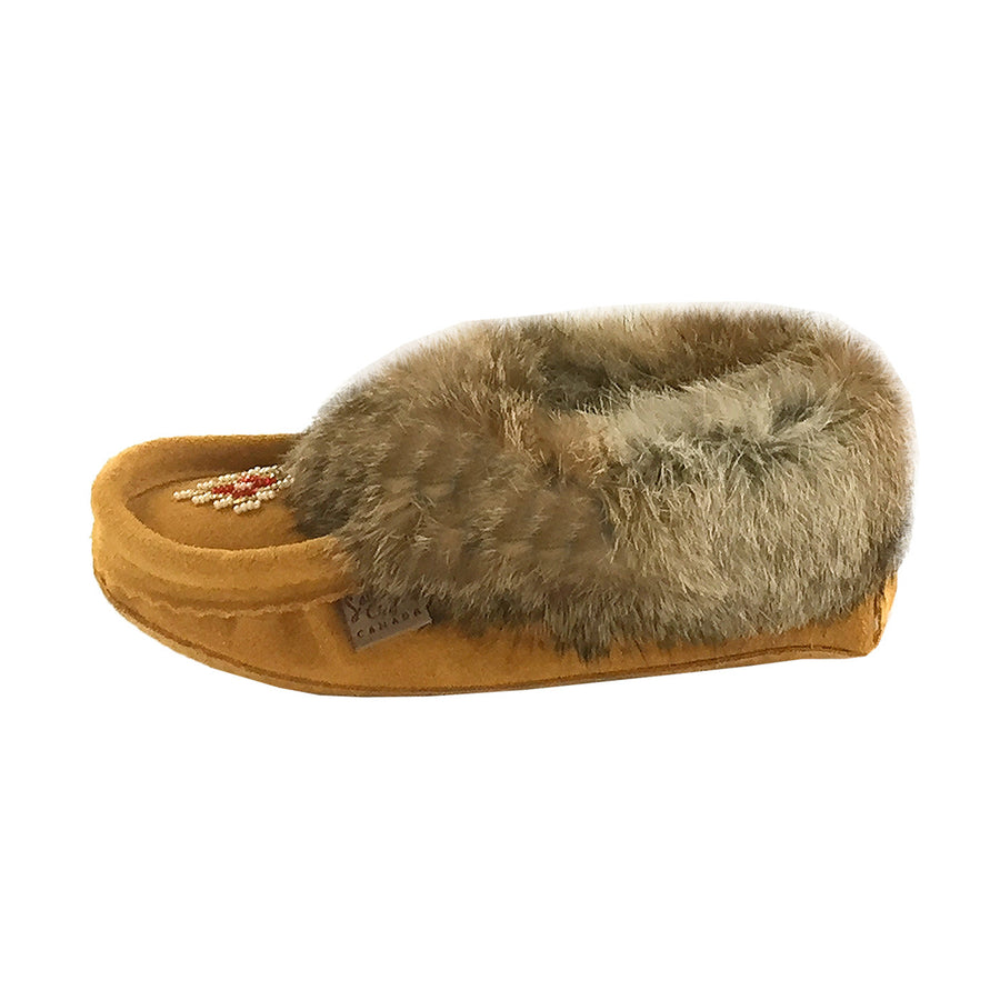 Junior Suede Fleece Lined Beaded Rabbit Fur Moccasins