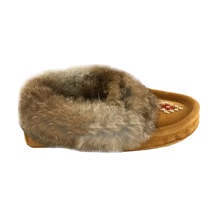 Junior Suede Fleece Lined Beaded Rabbit Fur Moccasins