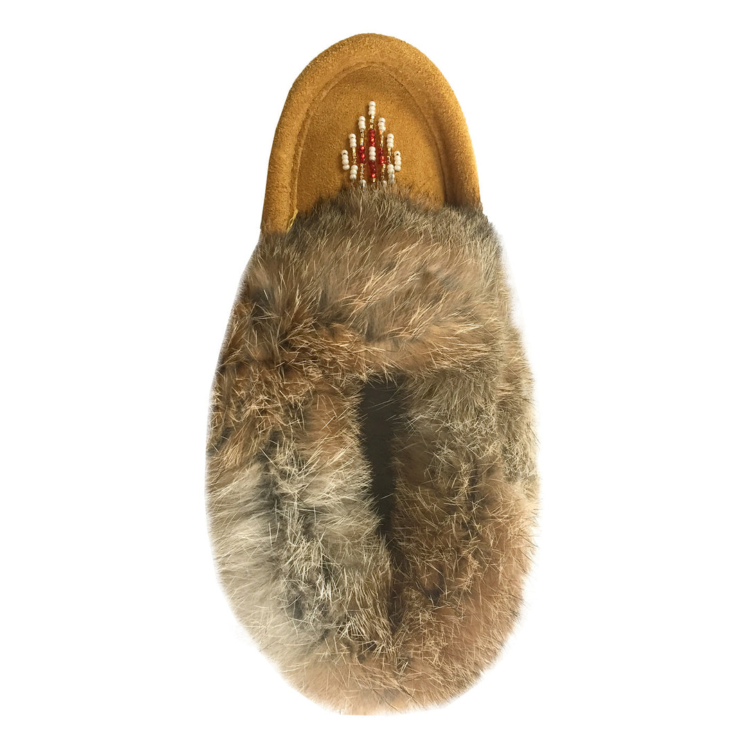 Junior Genuine Suede Leather Beaded Rabbit Fur Trim Moccasin Slippers